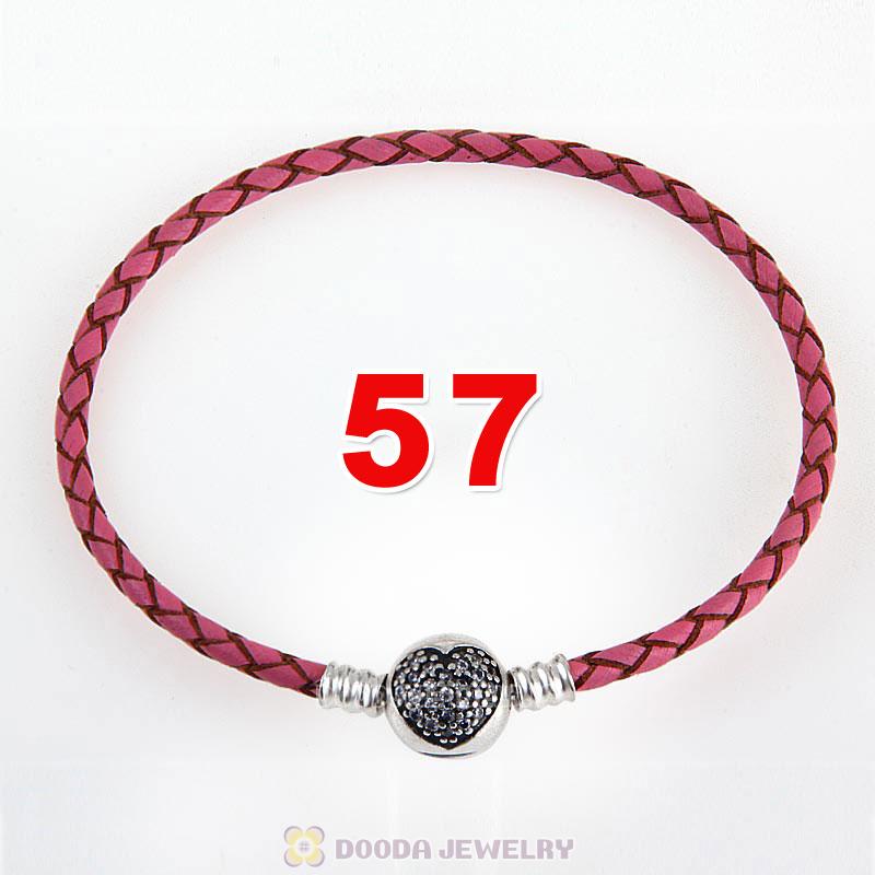 57cm Pink Braided Leather Triple Bracelet Silver Love of My Life Clip with Heart White CZ Stone