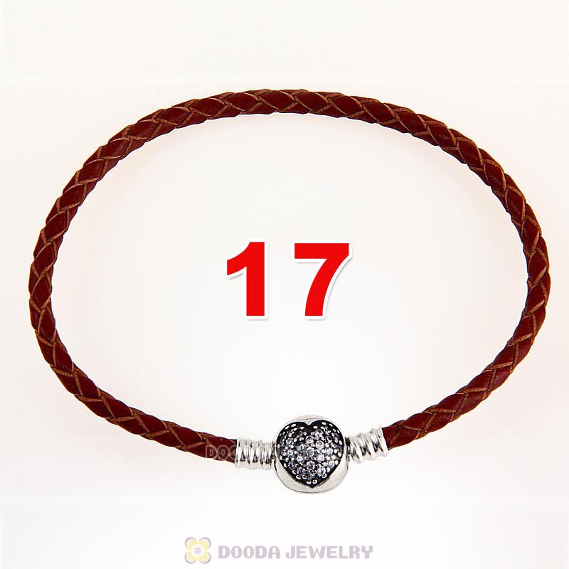 17cm Brown Braided Leather Bracelet 925 Silver Love of My Life Round Clip with Heart White CZ Stone