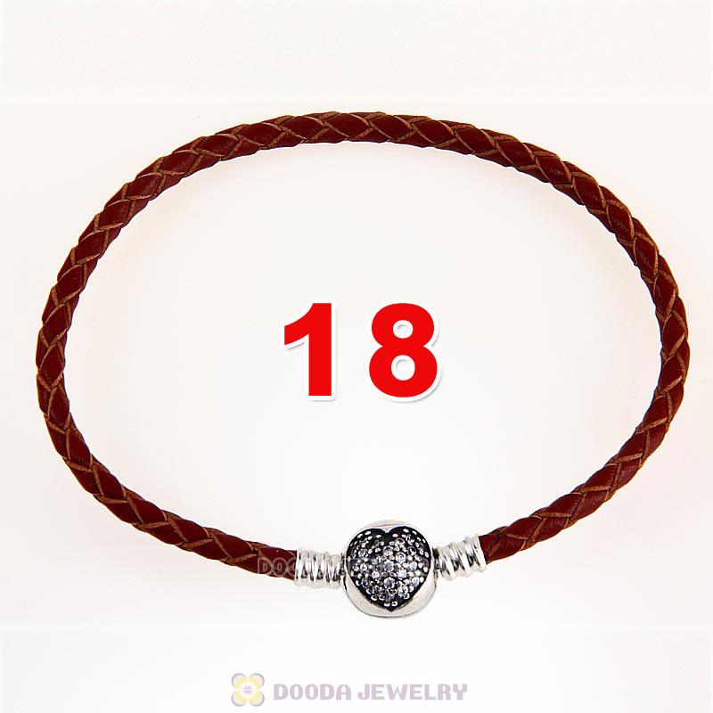 18cm Brown Braided Leather Bracelet 925 Silver Love of My Life Round Clip with Heart White CZ Stone