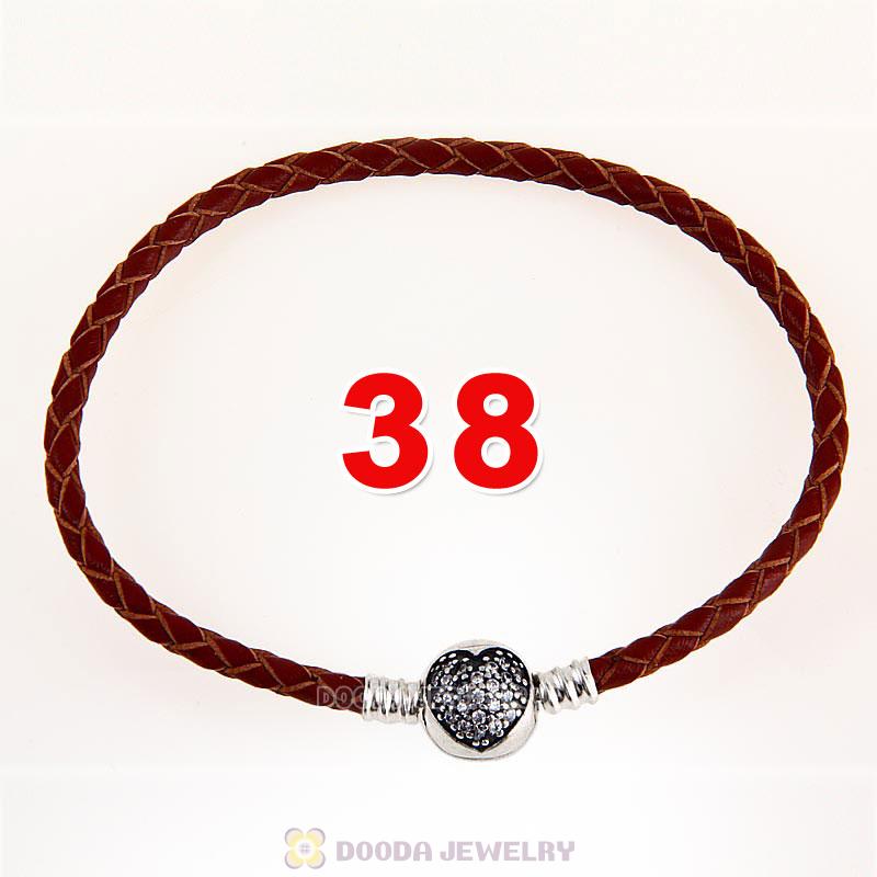 38cm Brown Braided Leather Double Bracelet Silver Love of My Life Clip with Heart White CZ Stone