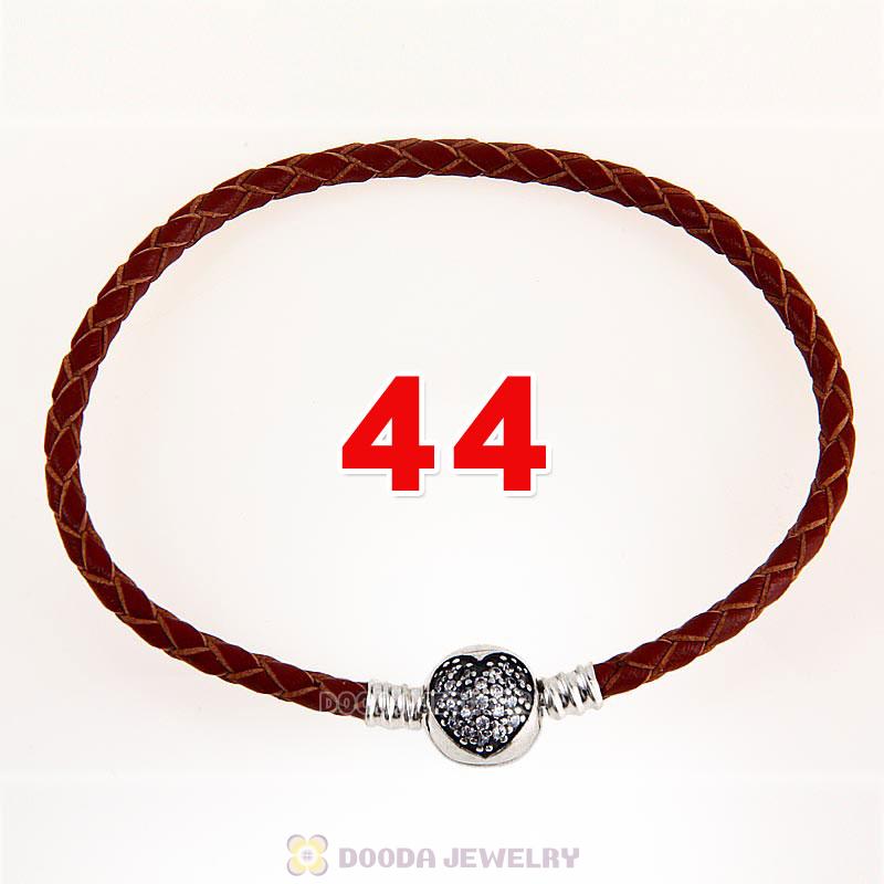 44cm Brown Braided Leather Double Bracelet Silver Love of My Life Clip with Heart White CZ Stone