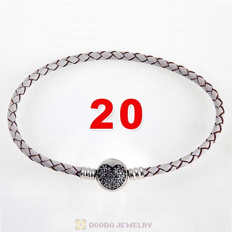 20cm White Braided Leather Bracelet 925 Silver Love of My Life Round Clip with Heart White CZ Stone