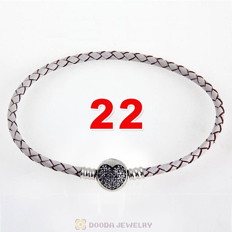 22cm White Braided Leather Bracelet 925 Silver Love of My Life Round Clip with Heart White CZ Stone