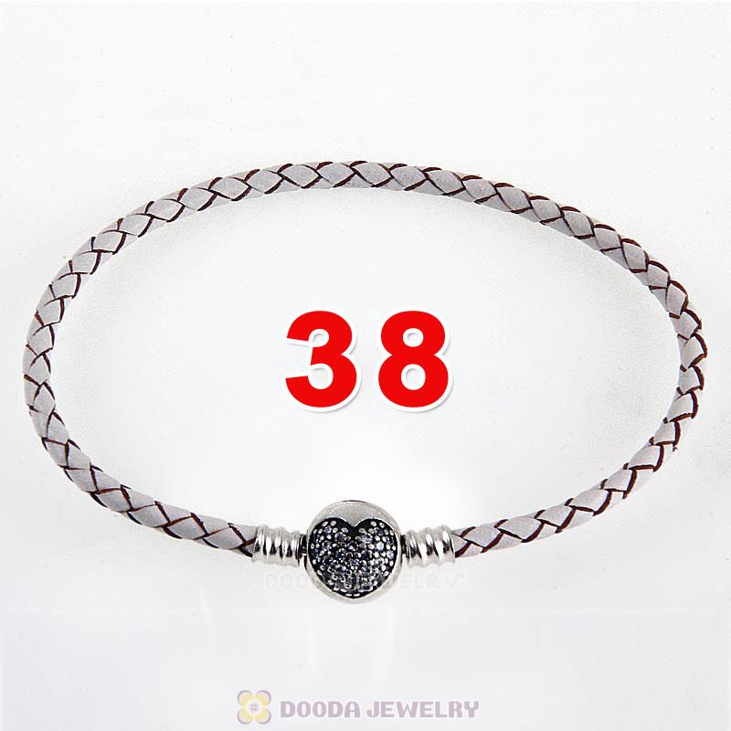 38cm White Braided Leather Double Bracelet Silver Love of My Life Clip with Heart White CZ Stone