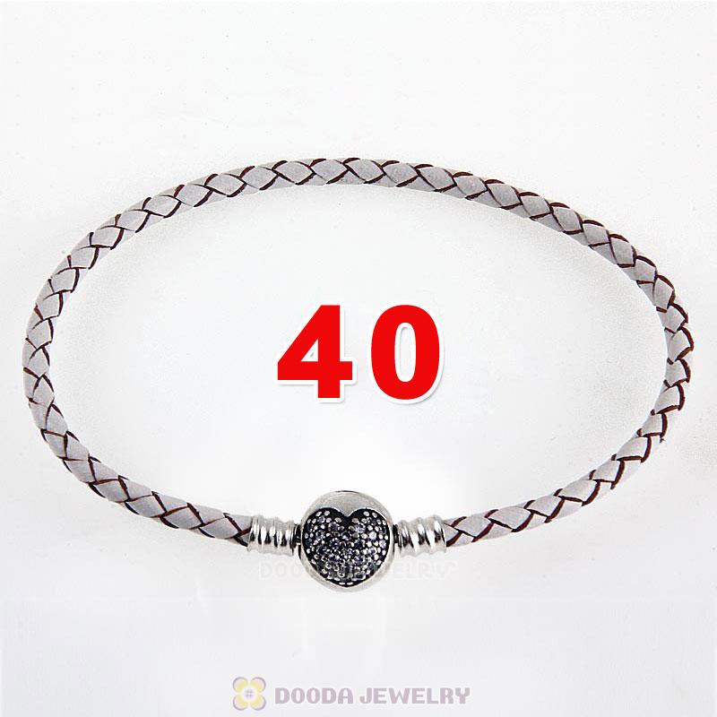 40cm White Braided Leather Double Bracelet Silver Love of My Life Clip with Heart White CZ Stone