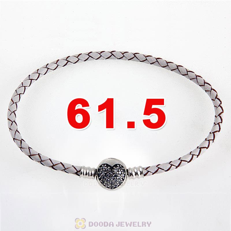 61.5cm White Braided Leather Triple Bracelet Silver Love of My Life Clip with Heart White CZ Stone