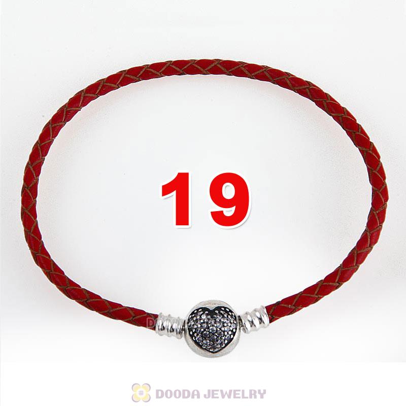 19cm Red Braided Leather Bracelet 925 Silver Love of My Life Round Clip with Heart White CZ Stone