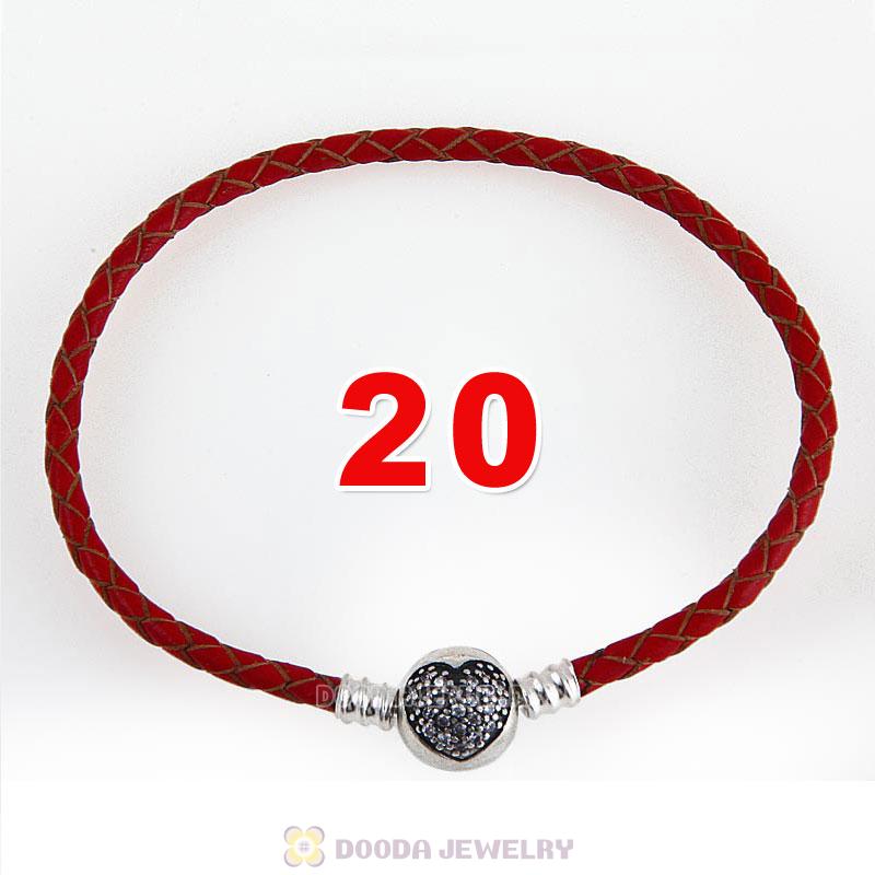 20cm Red Braided Leather Bracelet 925 Silver Love of My Life Round Clip with Heart White CZ Stone