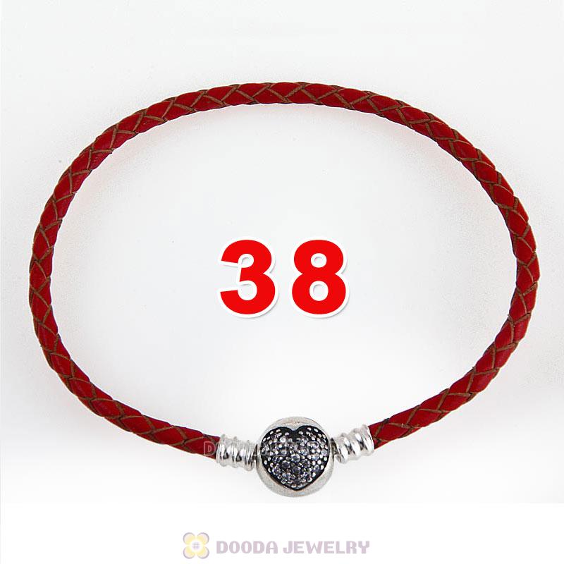38cm Red Braided Leather Double Bracelet Silver Love of My Life Clip with Heart White CZ Stone