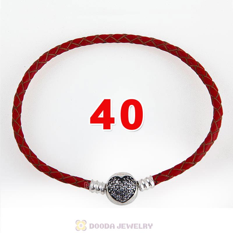40cm Red Braided Leather Double Bracelet Silver Love of My Life Clip with Heart White CZ Stone