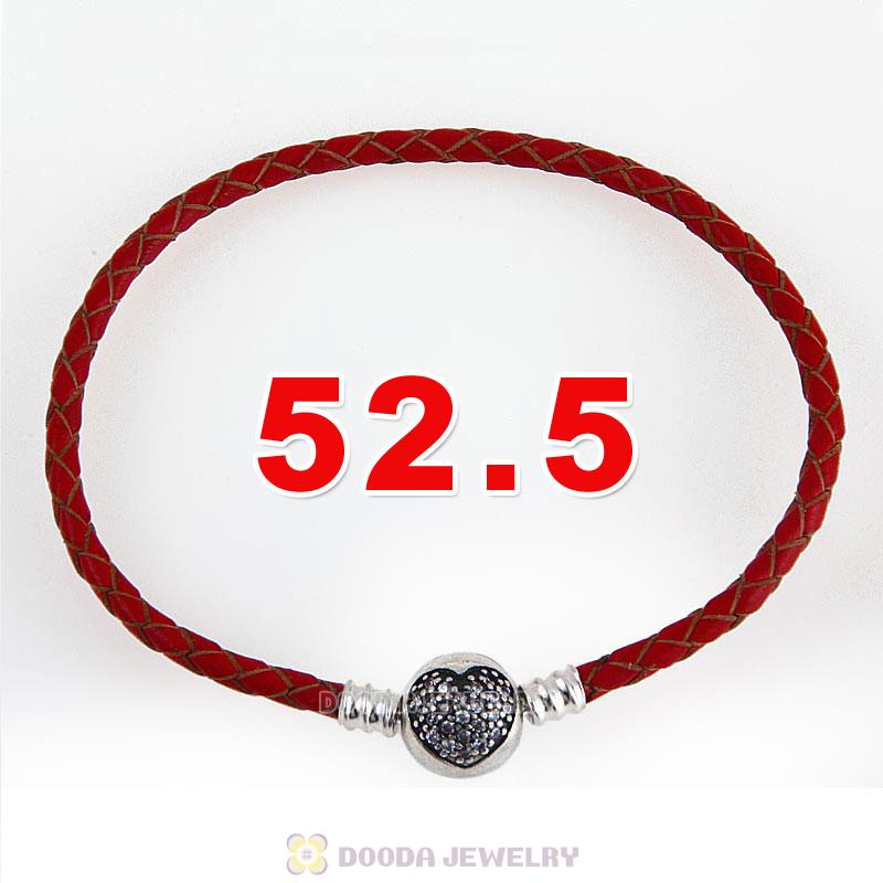 52.5cm Red Braided Leather Triple Bracelet Silver Love of My Life Clip with Heart White CZ Stone