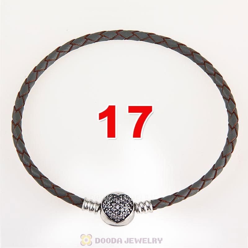 17cm Grey Braided Leather Bracelet 925 Silver Love of My Life Round Clip with Heart White CZ Stone
