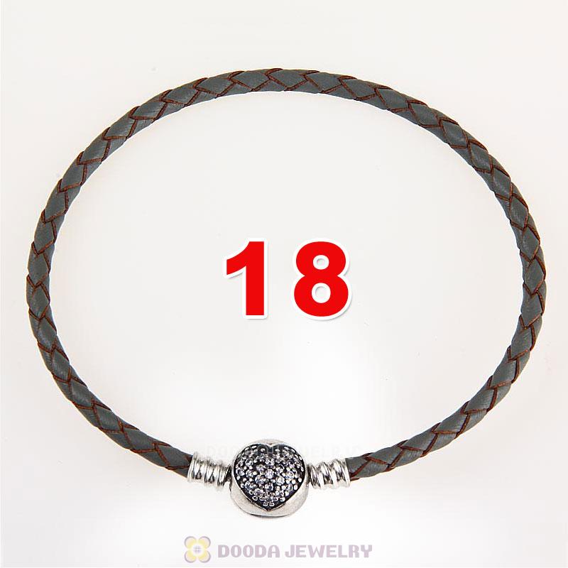 18cm Grey Braided Leather Bracelet 925 Silver Love of My Life Round Clip with Heart White CZ Stone