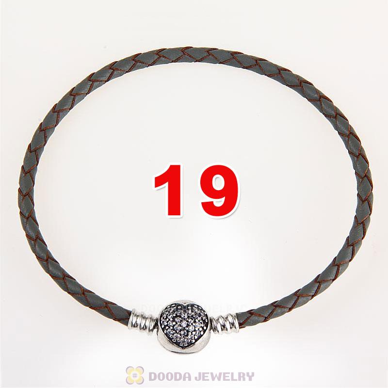 19cm Grey Braided Leather Bracelet 925 Silver Love of My Life Round Clip with Heart White CZ Stone