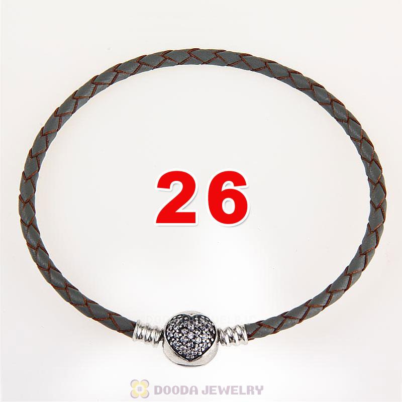 26cm Grey Braided Leather Bracelet 925 Silver Love of My Life Round Clip with Heart White CZ Stone