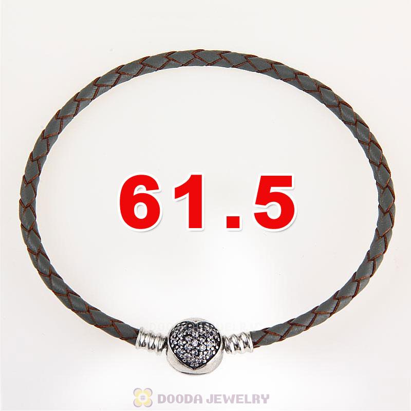 61.5cm Grey Braided Leather Triple Bracelet Silver Love of My Life Clip with Heart White CZ Stone