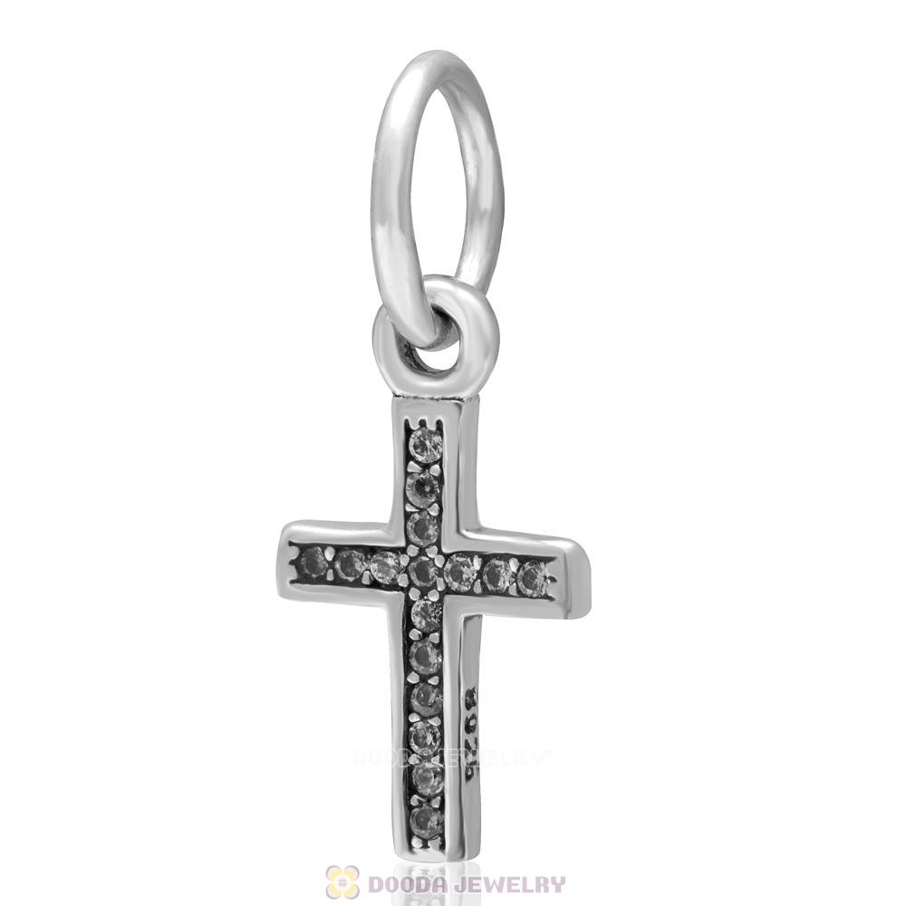925 Sterling Silver Holy Cross Dangle Charm with Clear Zircon Stone 