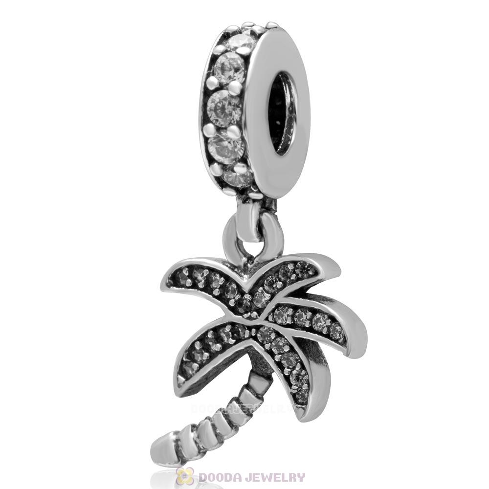 925 Sterling Silver Dangle Coconut Tree Charm with Clear Zircon Stone 