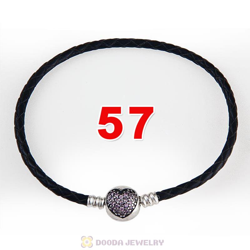 57cm Black Braided Leather Triple Bracelet Silver Love of My Life Clip with Heart Pink CZ Stone
