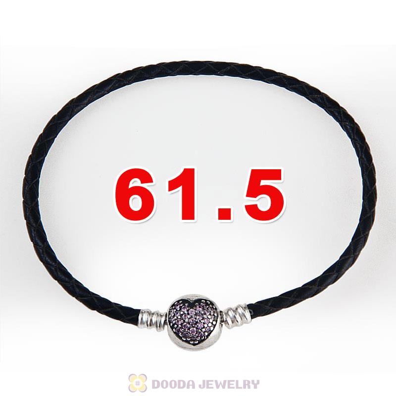 61.5cm Black Braided Leather Triple Bracelet Silver Love of My Life Clip with Heart Pink CZ Stone