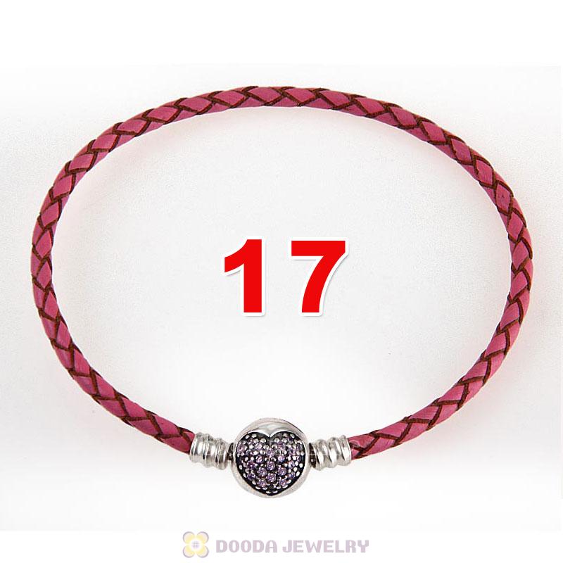 17cm Pink Braided Leather Bracelet 925 Silver Love of My Life Round Clip with Heart Pink CZ Stone