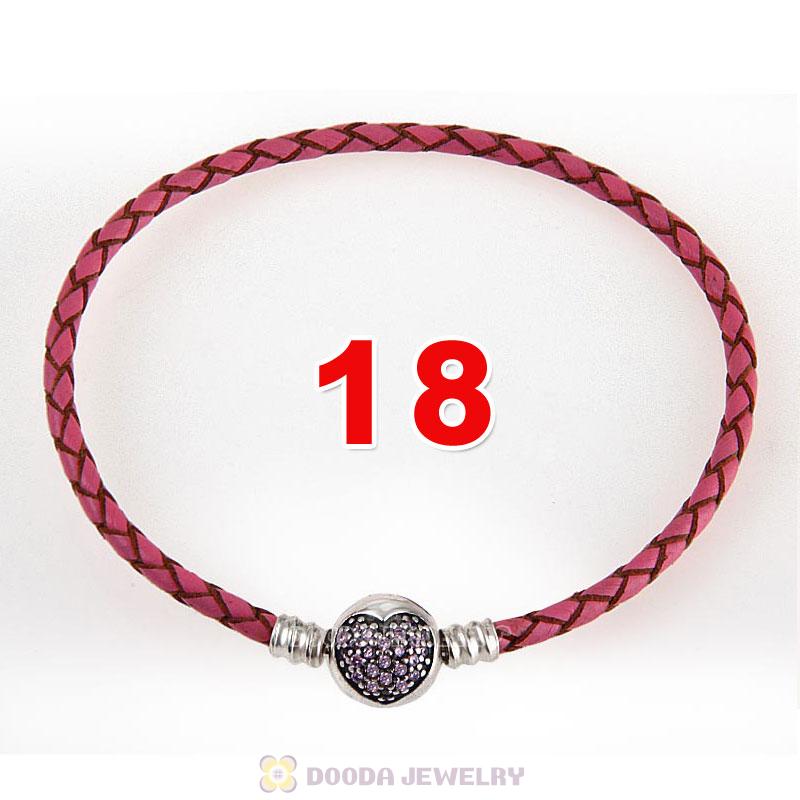 18cm Pink Braided Leather Bracelet 925 Silver Love of My Life Round Clip with Heart Pink CZ Stone