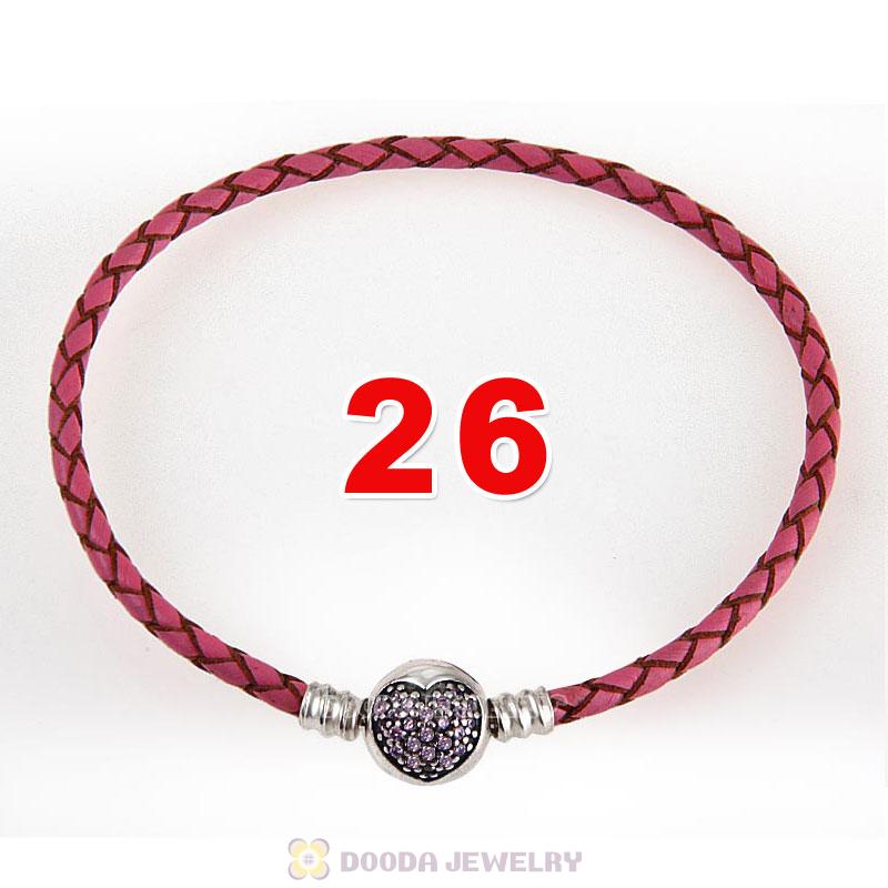 26cm Pink Braided Leather Bracelet 925 Silver Love of My Life Round Clip with Heart Pink CZ Stone