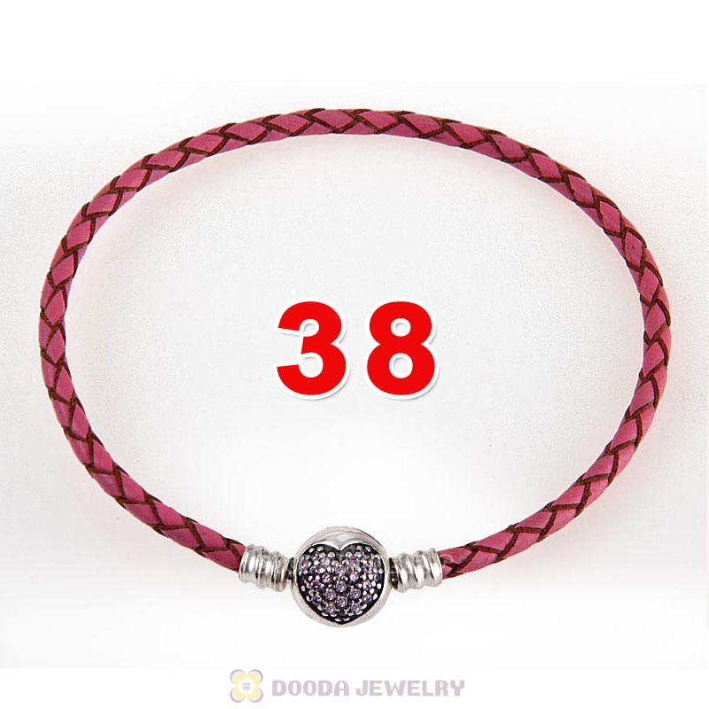 38cm Pink Braided Leather Double Bracelet Silver Love of My Life Clip with Heart Pink CZ Stone