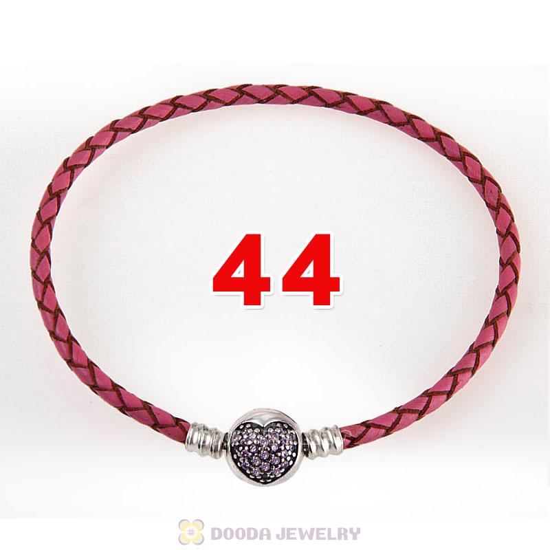 44cm Pink Braided Leather Double Bracelet Silver Love of My Life Clip with Heart Pink CZ Stone