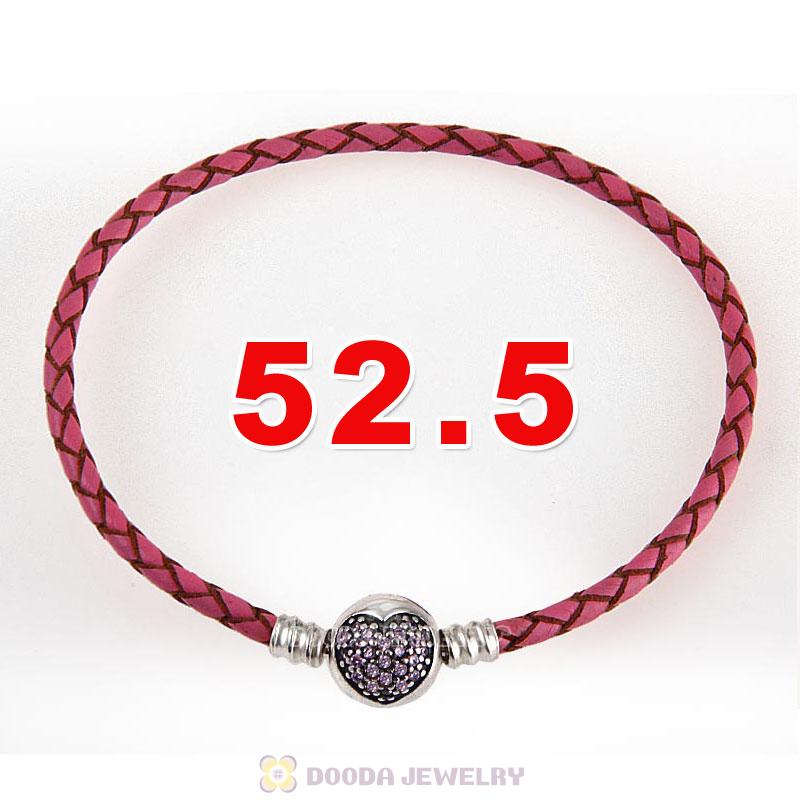 52.5cm Pink Braided Leather Triple Bracelet Silver Love of My Life Clip with Heart Pink CZ Stone