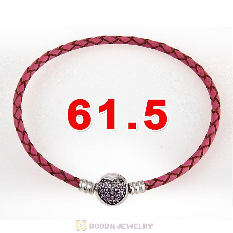 61.5cm Pink Braided Leather Triple Bracelet Silver Love of My Life Clip with Heart Pink CZ Stone