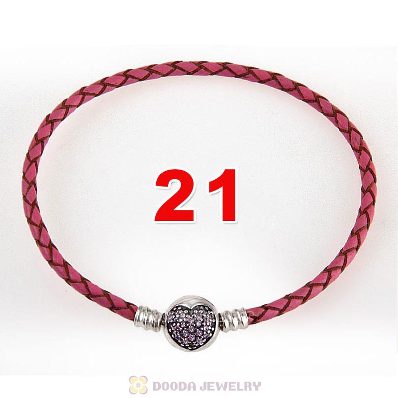 21cm Pink Braided Leather Bracelet 925 Silver Love of My Life Round Clip with Heart Pink CZ Stone