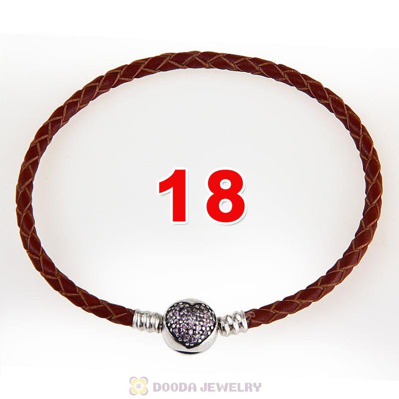 18cm Brown Braided Leather Bracelet 925 Silver Love of My Life Round Clip with Heart Pink CZ Stone