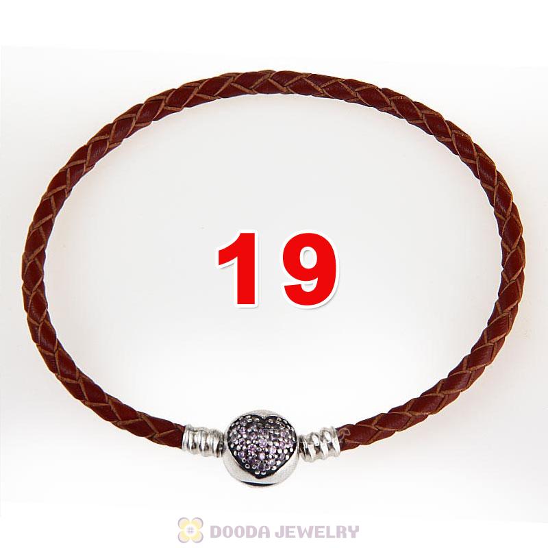 19cm Brown Braided Leather Bracelet 925 Silver Love of My Life Round Clip with Heart Pink CZ Stone