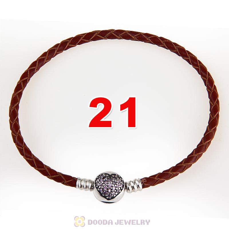 21cm Brown Braided Leather Bracelet 925 Silver Love of My Life Round Clip with Heart Pink CZ Stone