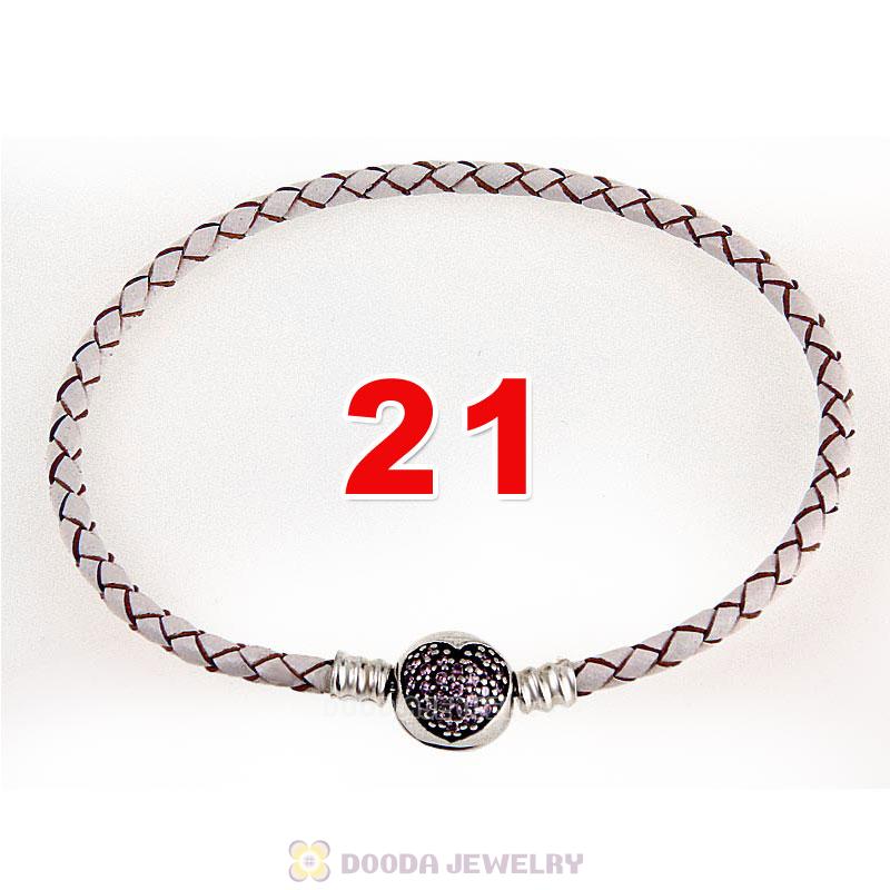 21cm White Braided Leather Bracelet 925 Silver Love of My Life Round Clip with Heart Pink CZ Stone