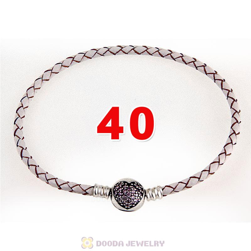 40cm White Braided Leather Double Bracelet Silver Love of My Life Clip with Heart Pink CZ Stone