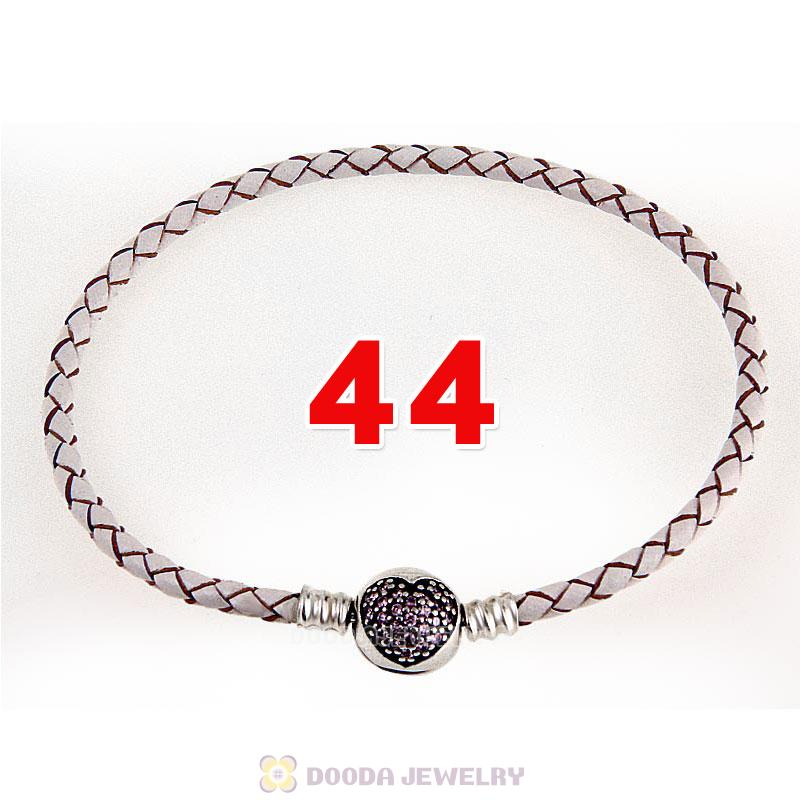 44cm White Braided Leather Double Bracelet Silver Love of My Life Clip with Heart Pink CZ Stone