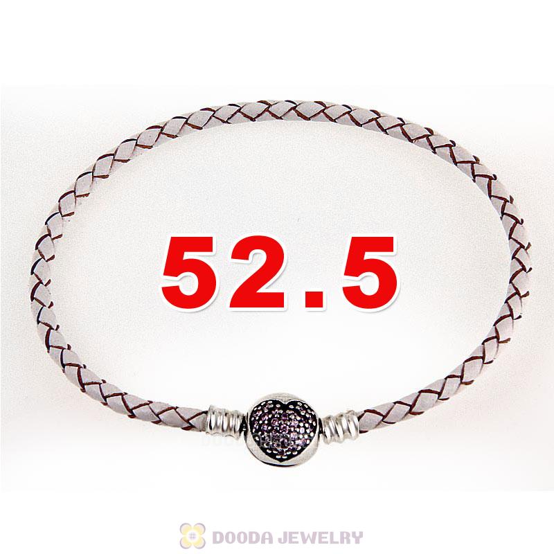 52.5cm White Braided Leather Triple Bracelet Silver Love of My Life Clip with Heart Pink CZ Stone