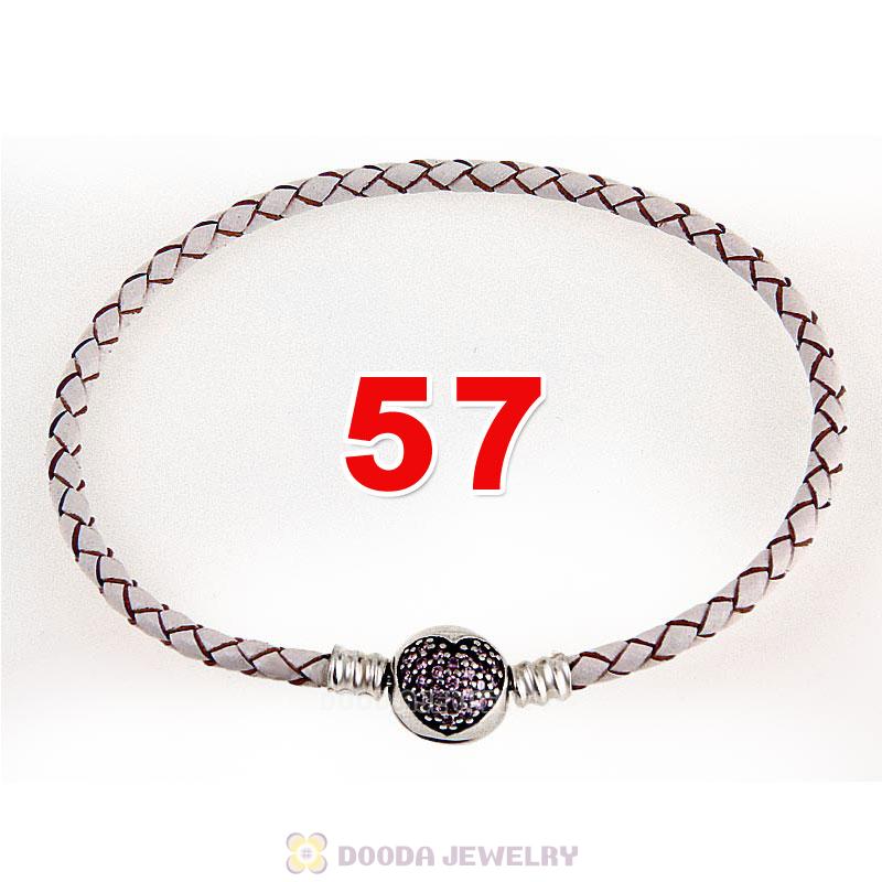 57cm White Braided Leather Triple Bracelet Silver Love of My Life Clip with Heart Pink CZ Stone