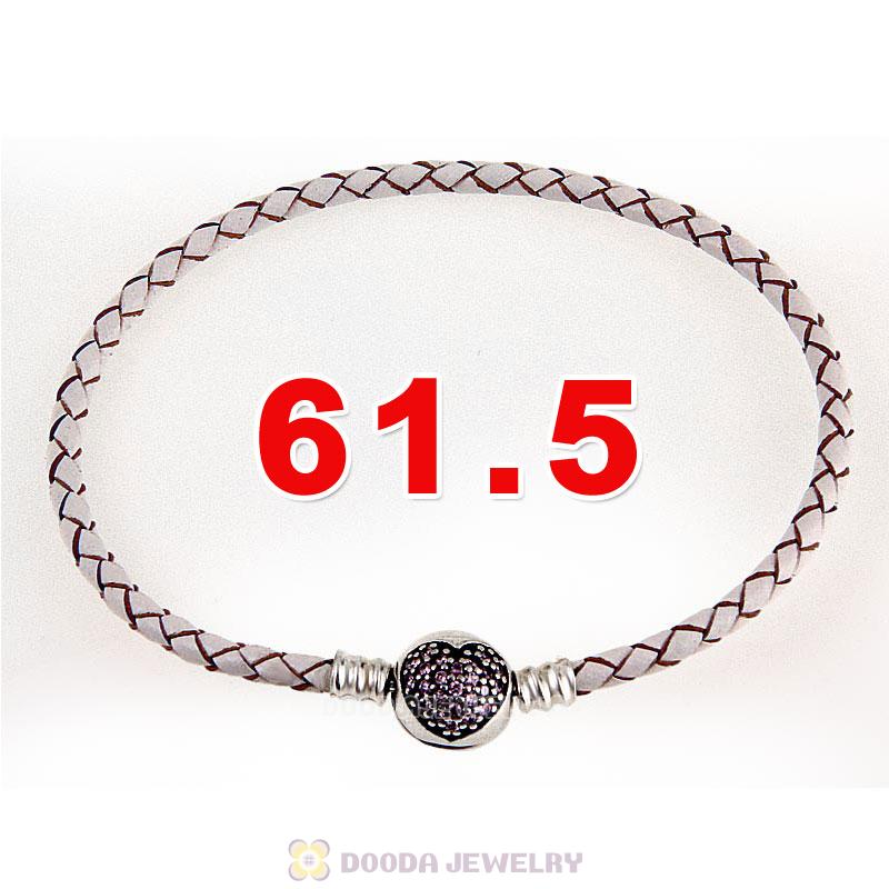 61.5cm White Braided Leather Triple Bracelet Silver Love of My Life Clip with Heart Pink CZ Stone