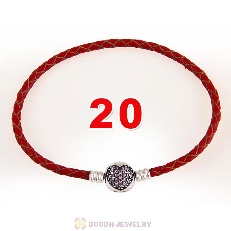 20cm Red Braided Leather Bracelet 925 Silver Love of My Life Round Clip with Heart Pink CZ Stone