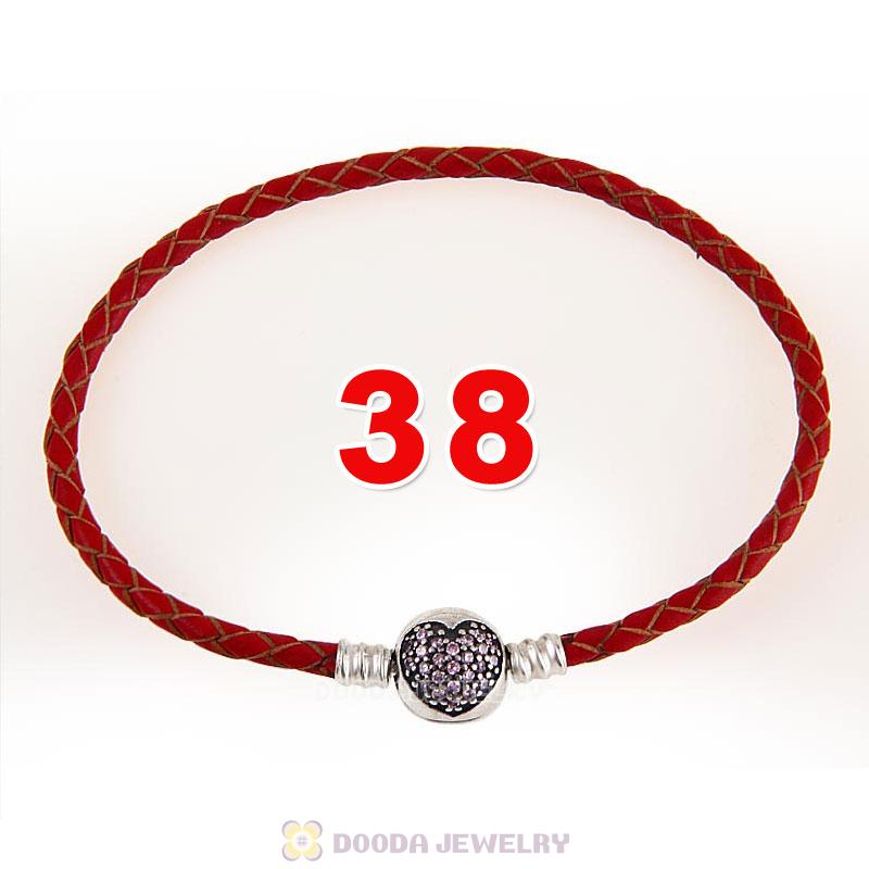 38cm Red Braided Leather Double Bracelet Silver Love of My Life Clip with Heart Pink CZ Stone