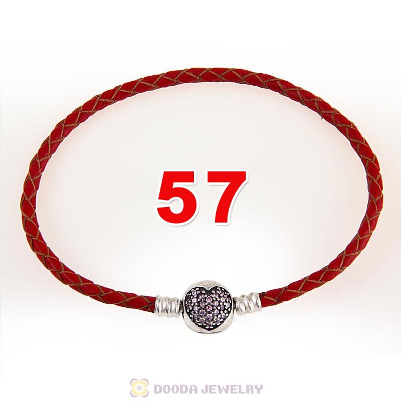 57cm Red Braided Leather Triple Bracelet Silver Love of My Life Clip with Heart Pink CZ Stone