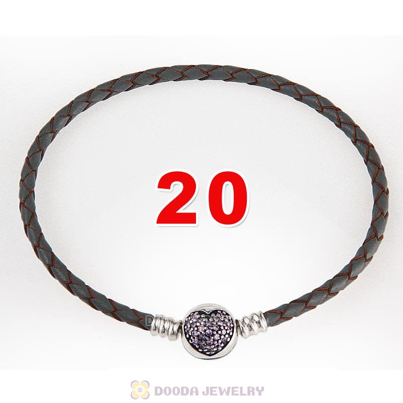 20cm Grey Braided Leather Bracelet 925 Silver Love of My Life Round Clip with Heart Pink CZ Stone