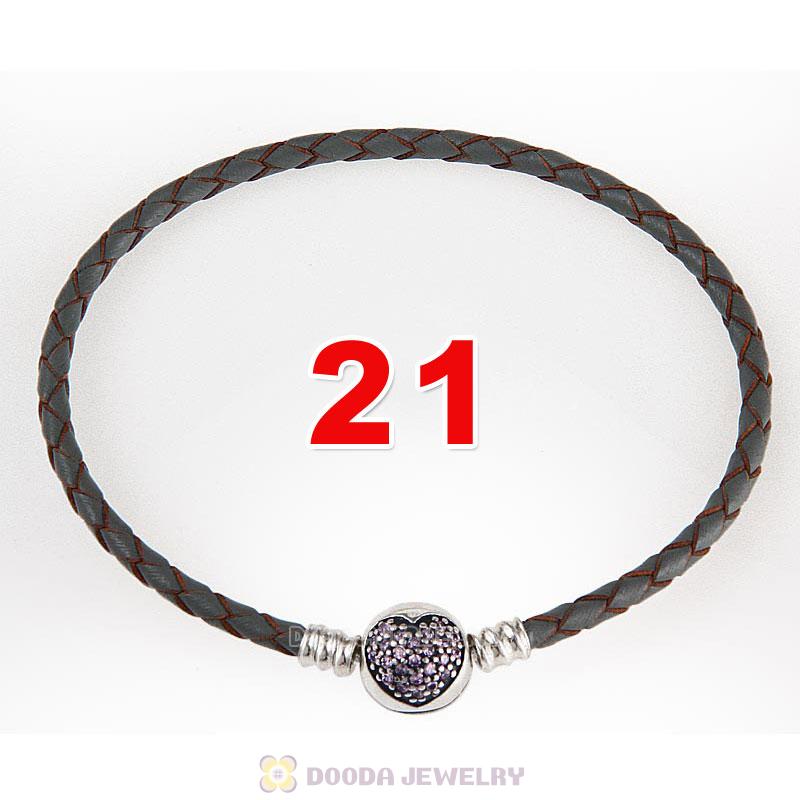 21cm Grey Braided Leather Bracelet 925 Silver Love of My Life Round Clip with Heart Pink CZ Stone