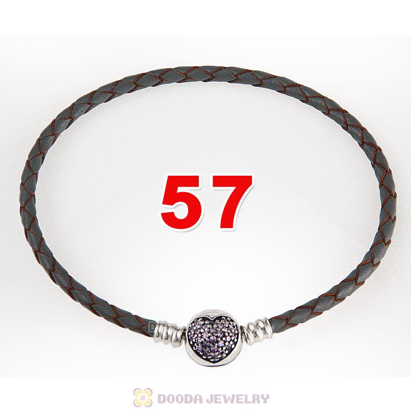 57cm Grey Braided Leather Triple Bracelet Silver Love of My Life Clip with Heart Pink CZ Stone