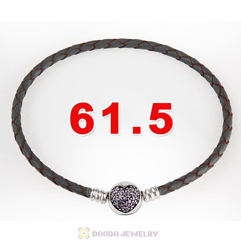 61.5cm Grey Braided Leather Triple Bracelet Silver Love of My Life Clip with Heart Pink CZ Stone
