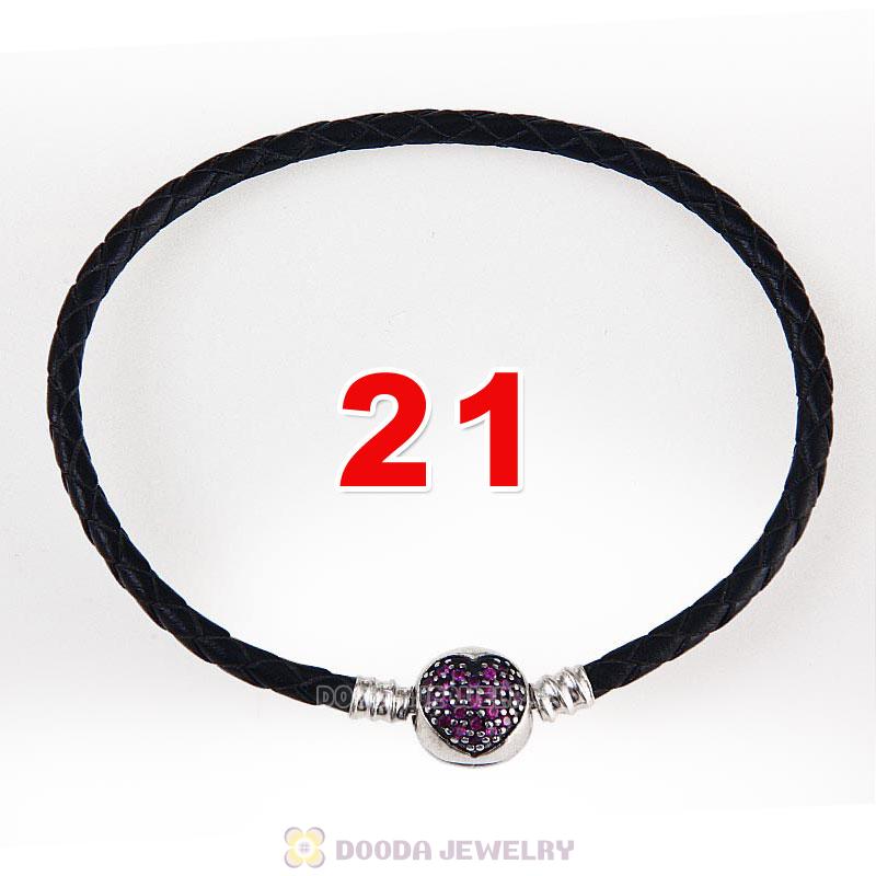 21cm Black Braided Leather Bracelet 925 Silver Love of My Life Round Clip with Heart Red CZ Stone