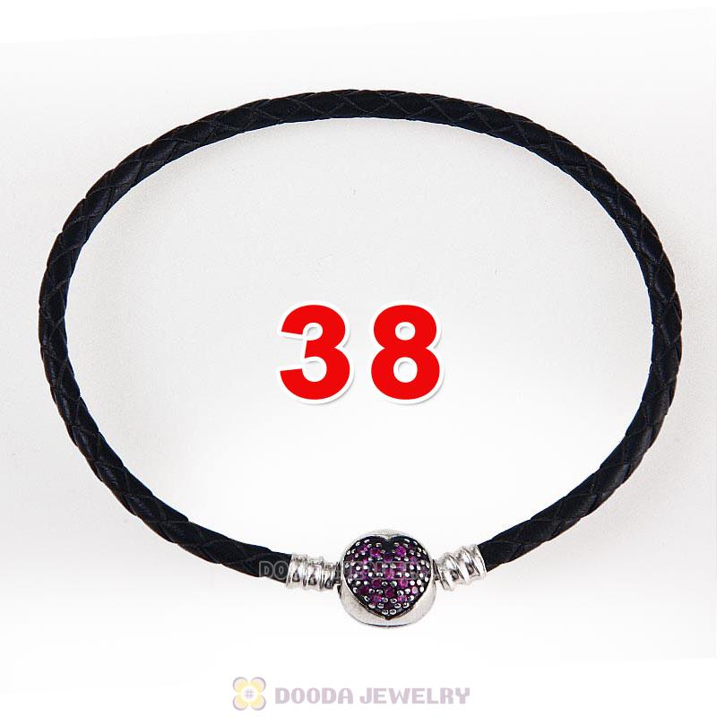 38cm Black Braided Leather Double Bracelet Silver Love of My Life Clip with Heart Red CZ Stone